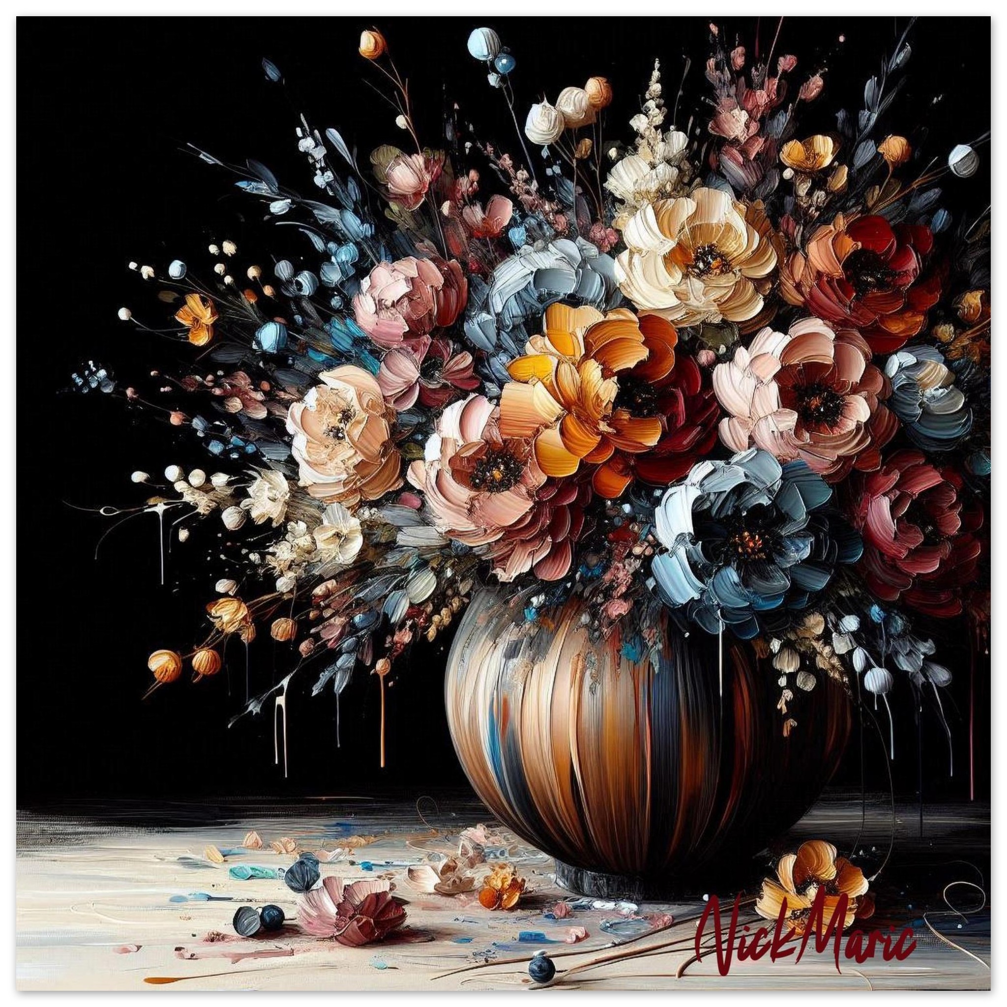 Harmony in Bloom poster: Thick-paint still life of colorful flowers in a white vase.