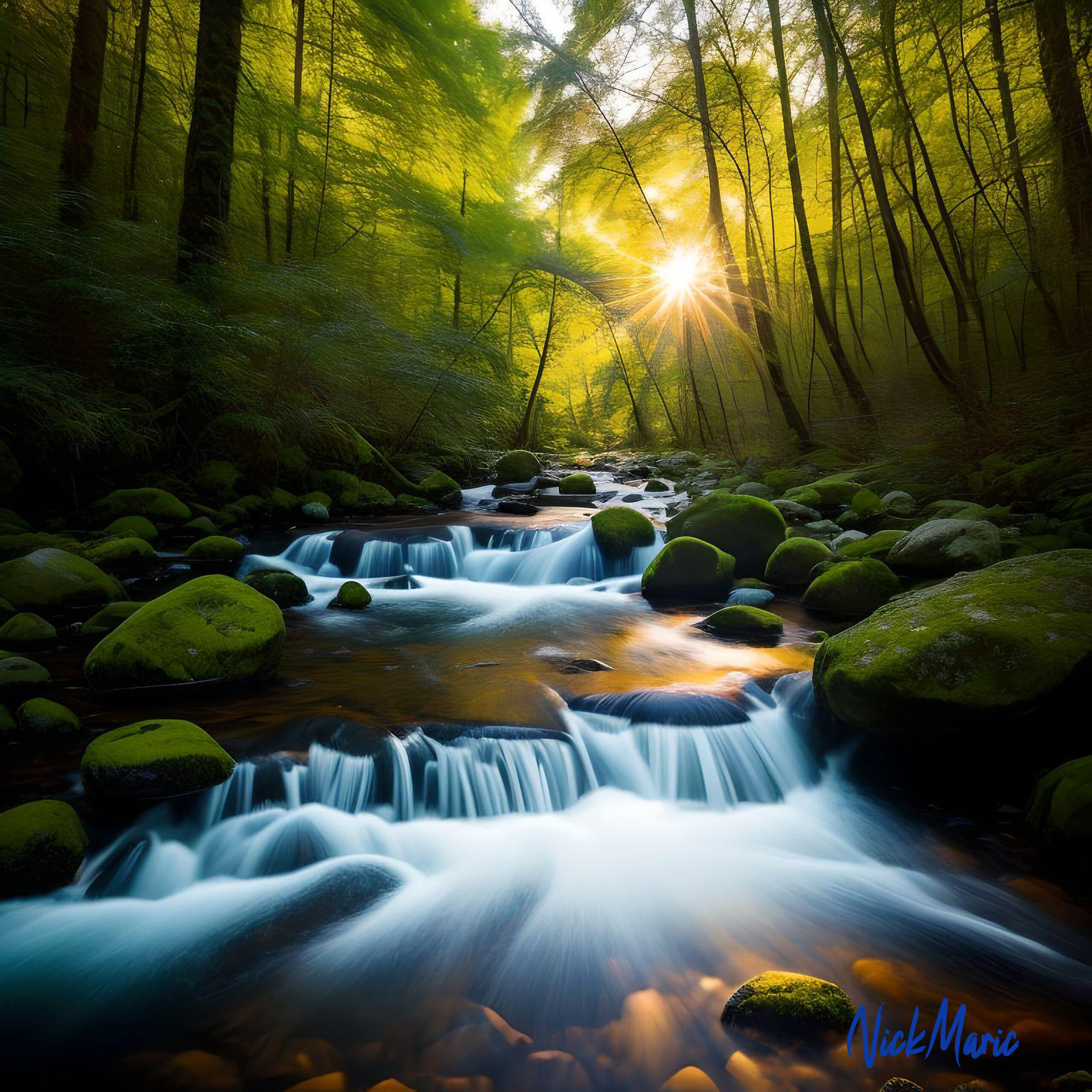 Golden hour nature art of a river in a bright green magical forest.