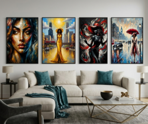 Modern luxury living room featuring four large framed canvas art prints from the White Pulse: Women in Motion collection by Nick Maric — abstract feminine digital art in bold colors staged above a cream sofa.