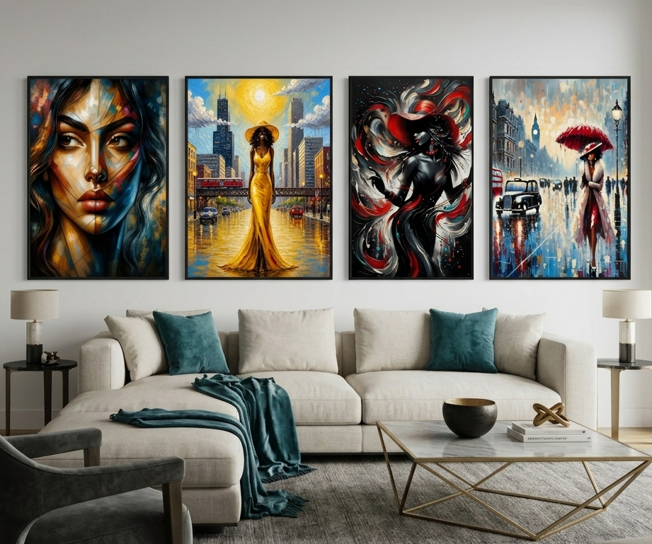 Modern luxury living room featuring four large framed canvas art prints from the White Pulse: Women in Motion collection by Nick Maric — abstract feminine digital art in bold colors staged above a cream sofa.