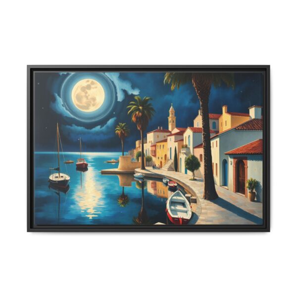 Lunar Serenade over the Harbor - Framed Canvas Art Print