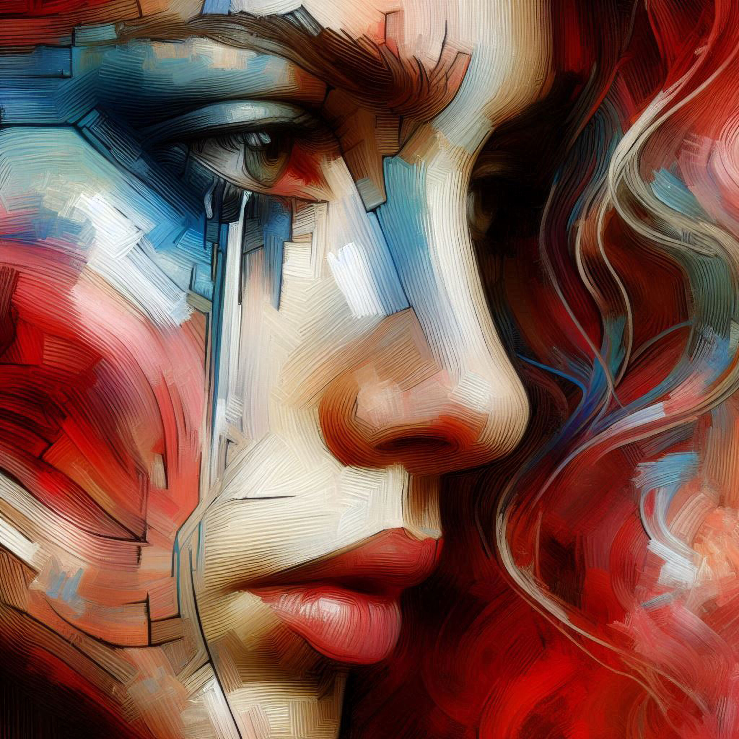 A melancholic profile portrait dominated by sweeping crimson strokes and soft, fluid textures.