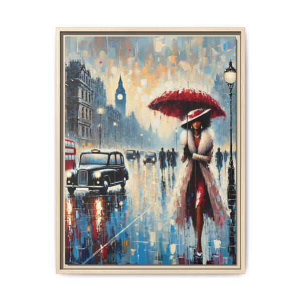 Framed Canvas Art - Rainy London Woman with Red Umbrella