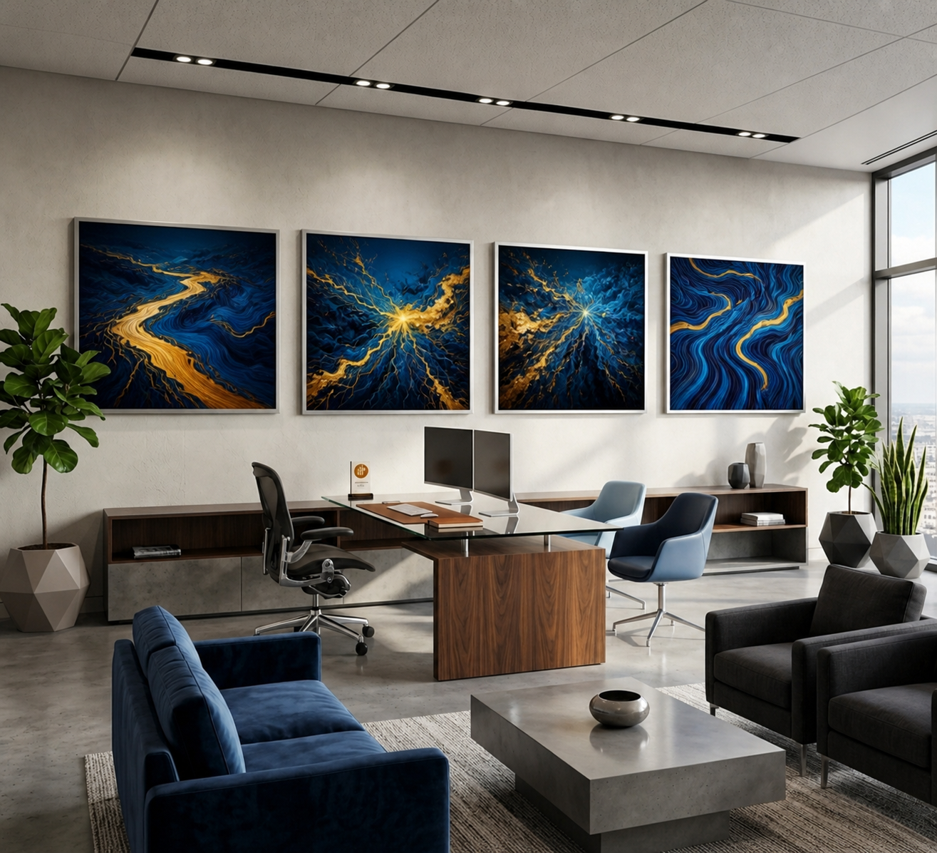 Modern executive office interior with four large abstract blue and gold canvas prints on wall, luxury workspace design with contemporary furniture and natural light